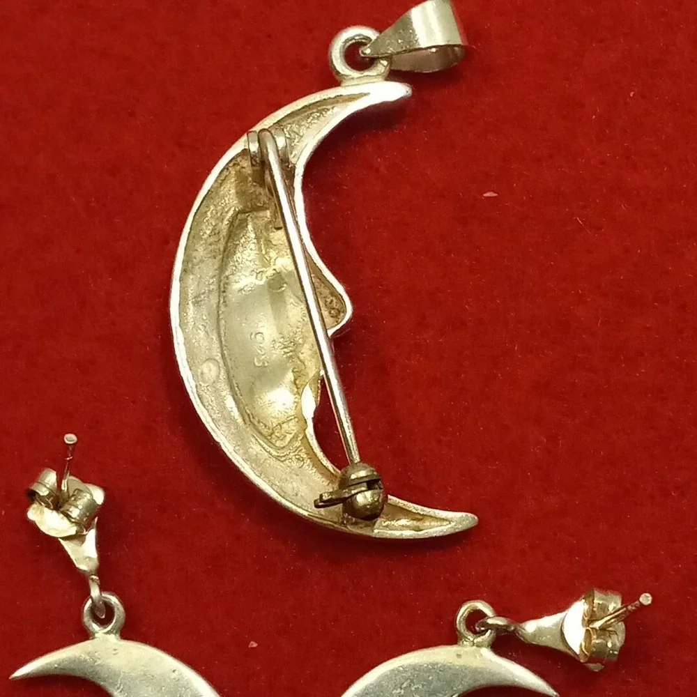 Crescent Sterling Silver  925 Set Of Earrings And Pendant-brooch - Picture 6 of 12